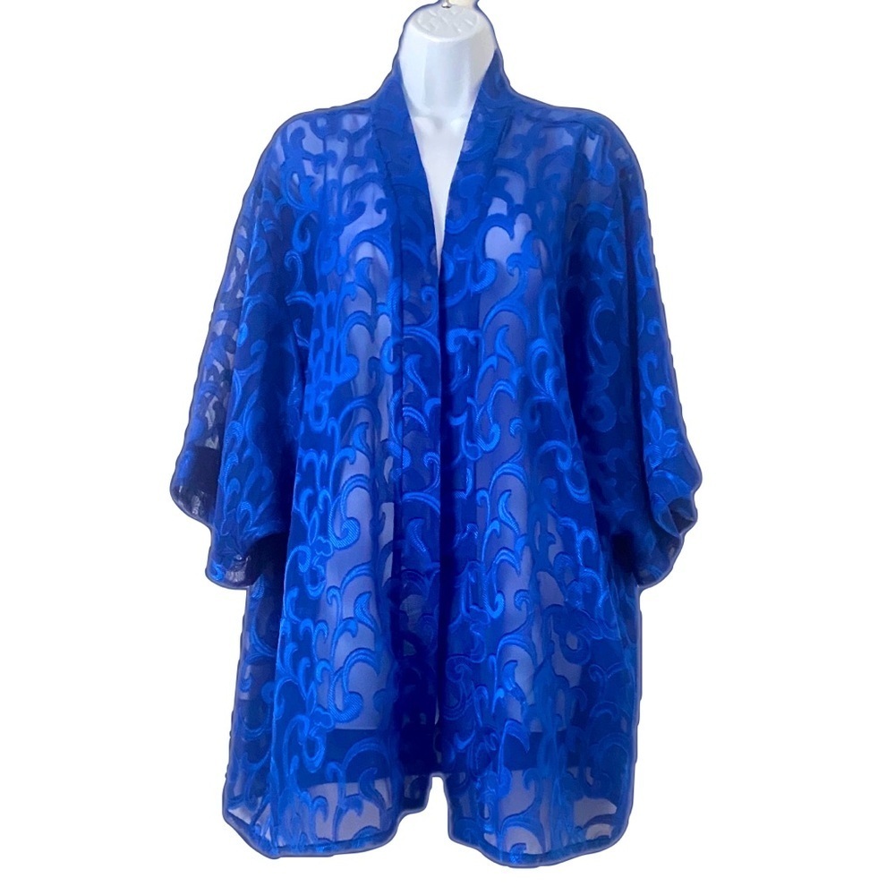 Vibrant Blue Sheer Lace Kimono Swim Coverup Robe Elegant Design Short Sleeve OS